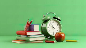 Pop Kunst Illustration von Schule Zubehör mit Äpfel, Bücher, und ein Alarm Uhr auf das Schule Hintergrund. zurück zu Schule Konzept. 3d Wiedergabe, ai generativ foto