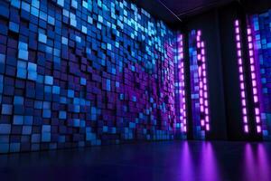 Blau und lila beleuchtet Paneele auf ein Mauer. generativ ai foto