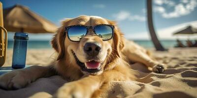 golden Retriever Hund ist auf Sommer- Ferien beim Strand Resort und entspannend sich ausruhen auf Sommer- Strand von Hawaii. ai generativ foto