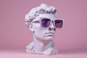 das Kopf von ein Weiß mythologisch Statue mit modisch Rosa Brille auf seine Augen, Rahmen im Profil. ai generativ foto