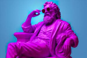 ein Weiß Statue von Plato im ein cool Pose, tragen Magenta und cyan 3d Gläser, bereit zu Party. ai generativ foto