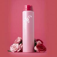 Amazonas Produkt Bild Körper waschen, Zylinder Flasche solide Farbe Rosa Hintergrund, mit Rosen, ai generativ foto