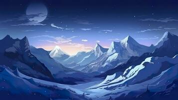 Schnee Spitzen und Gletscher auf das dunkel Himmel Landschaft Illustration. ai generativ foto