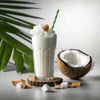 Kokosnuss Milch Shake Glas mit frisch geschnitten Kokosnuss. generativ ai foto