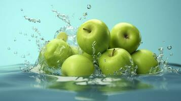 frisch Grün Äpfel fallen in das Wasser mit ein Spritzen auf Blau Hintergrund. generativ ai foto