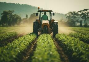 landwirtschaftlich Traktor mit Anhänge fährt durch Bauernhof Feld und landwirtschaftlich Hintergrund. generativ ai foto