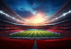 Foto von ein Fußball Stadion beim Nacht mit Stadion Licht. das Stadion war gemacht im 3d ohne mit bestehender Verweise. generativ ai