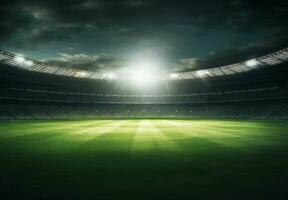 Foto von ein Fußball Stadion beim Nacht mit Stadion Licht. das Stadion war gemacht im 3d ohne mit bestehender Verweise. generativ ai