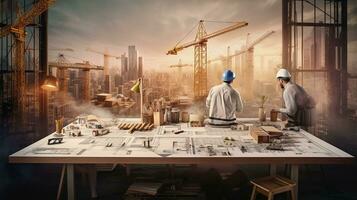 zwei Männer im schwer Hüte Stehen beim ein Tabelle mit Konstruktion Pläne. ai generativ foto