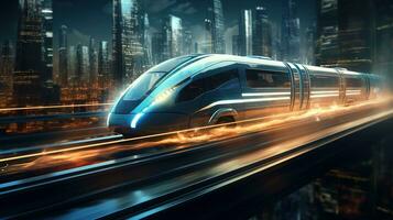 ein futuristisch Zug Reisen durch das Stadt beim Nacht. generativ ai foto
