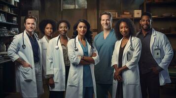 ein Gruppe von Ärzte Stehen im Vorderseite von ein grau Hintergrund. ai generativ foto