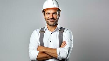 Porträt von lächelnd männlich Konstruktion Arbeiter isoliert auf grau Hintergrund. ai generativ foto