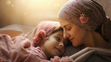 Mutter und Tochter im Bett mit Rosa Kopftücher. ai generativ foto