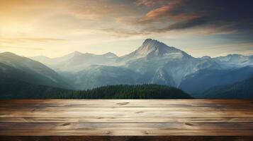 leeren hölzern Tabelle mit Berge im das Hintergrund, generativ ai. foto