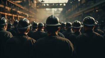 ein Gruppe von Männer im schwer Hüte Stehen im ein Fabrik. ai generativ foto