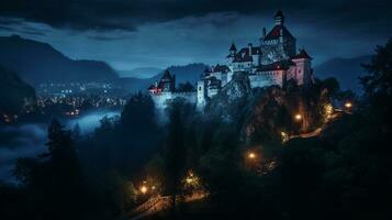 Nacht Aussicht von Kleie Schloss - - Dracula Schloss. generativ ai foto