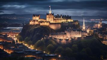 Nacht Aussicht von Edinburgh Schloss. generativ ai foto