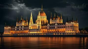 Nacht Aussicht von Budapest Parlament. generativ ai foto