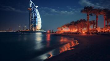 Nacht Aussicht von burj al Arabisch. generativ ai foto