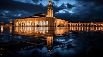 Nacht Aussicht von Hassan ii Moschee. generativ ai foto