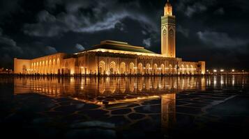 Nacht Aussicht von Hassan ii Moschee. generativ ai foto