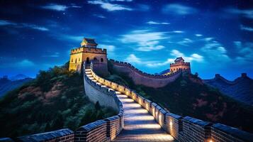 Nacht Aussicht von großartig Mauer von China. generativ ai foto