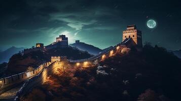 Nacht Aussicht von großartig Mauer von China. generativ ai foto