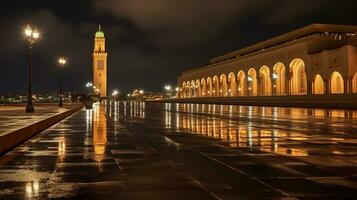 Nacht Aussicht von Hassan ii Moschee. generativ ai foto