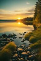 Landschaft Sonnenuntergang im Grün Hügel von Frühling Felder mit alt Schloss Bauernhof und Berge. ai generiert. foto