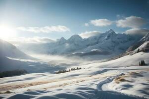 Winter Szene Erfassen das Wesen von ein makellos schneebedeckt Senke eingebettet zwischen majestätisch Schnee gekappt Berge. ai generiert. foto