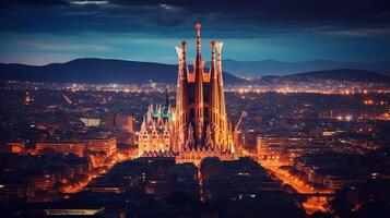 Nacht Aussicht von Sagrada Familie. generativ ai foto