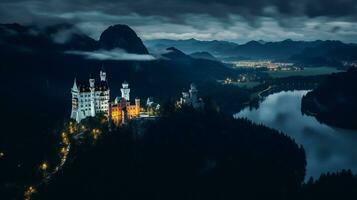 Nacht Aussicht von neuschwanstein Schloss. generativ ai foto