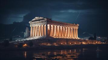 Nacht Aussicht von das Parthenon. generativ ai foto