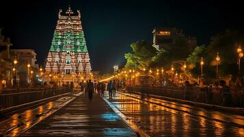 Nacht Aussicht von das Meenakshi Tempel. generativ ai foto