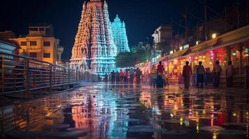 Nacht Aussicht von das Meenakshi Tempel. generativ ai foto