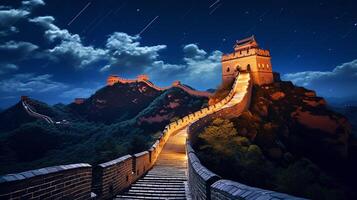 Nacht Aussicht von das großartig Mauer von China. generativ ai foto