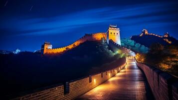 Nacht Aussicht von das großartig Mauer von China. generativ ai foto