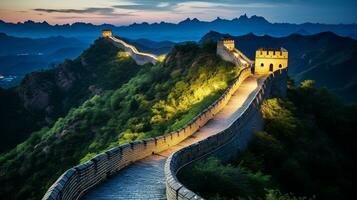 Nacht Aussicht von das großartig Mauer von China. generativ ai foto