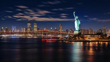 Nacht Aussicht von Statue von Freiheit. generativ ai foto