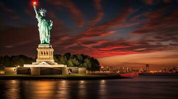 Nacht Aussicht von Statue von Freiheit. generativ ai foto