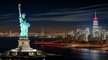 Nacht Aussicht von Statue von Freiheit. generativ ai foto