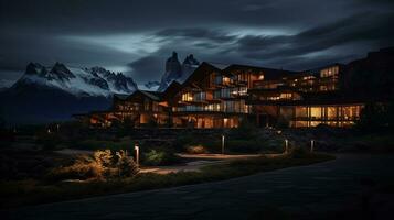 Nacht Aussicht von torres del paine Hotel. generativ ai foto