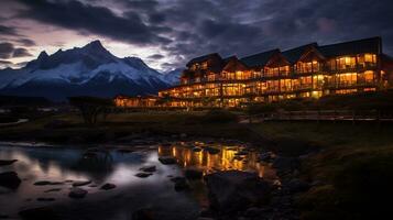 Nacht Aussicht von torres del paine Hotel. generativ ai foto