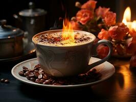 Tasse von Kaffee ein Dampf steigend von das Rand ai generativ foto