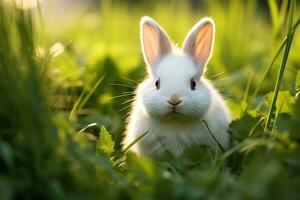 inländisch Haustier Hase im Grün Gras. generativ ai foto