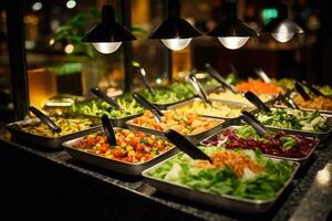 Buffet Mahlzeiten Innerhalb das Restaurant mit Gemüse Salate. generativ ai foto