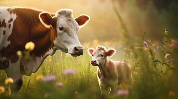 ein ländlich Szene mit ein Kuh und ein Kalb im ein Grün Wiese. generativ ai foto