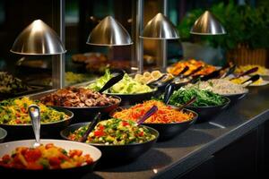 Buffet Mahlzeiten Innerhalb das Restaurant mit Gemüse Salate. generativ ai foto