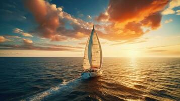 Yacht Segeln im ein öffnen Meer beim Sonnenuntergang. generativ ai foto