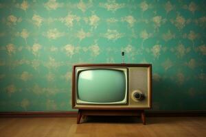 Jahrgang Fernseher gegen retro Mauer. generativ ai foto